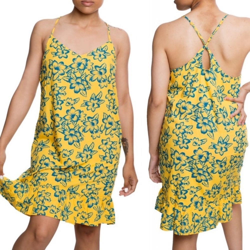 Vans Women Xs Yellow Tropical Floral Criss Cross Back Maria Flutter Tank Dress